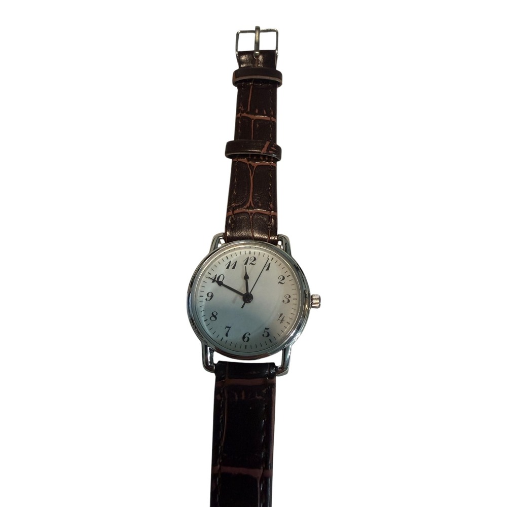Womens Classic Silver Tone Analog Watch Brown Croc Embossed Leather Strap Quartz